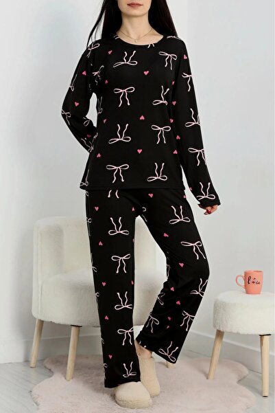 DAS KLEID Soft Milan Top and Bottom Same Pajama Set Black Ribbon