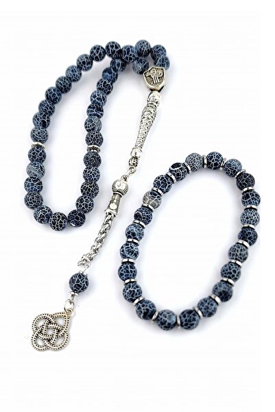 OSESHOP Akik Taşlı Hematit detaylı Bileklik ve Çelik Püsküllü Tesbih Takım