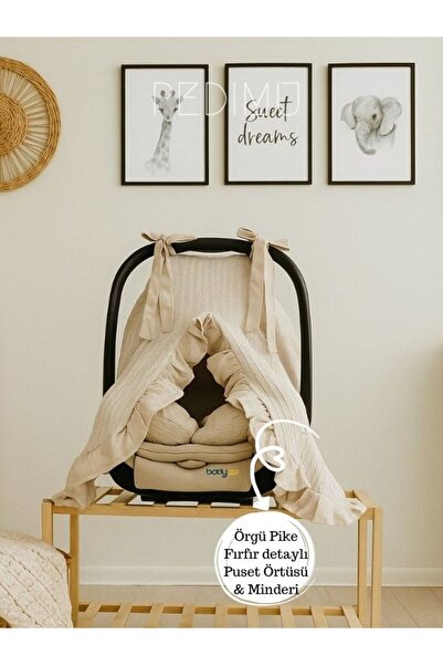 Pedimu Kışa Uygun Bej Pike Kumaş Fırfır Detaylı 2'li Bebek Puset Örtüsü & Pus...