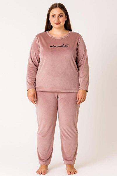 Pemilo Women's Plus Size 13213 Long Sleeve Velvet Pajama Set Powder