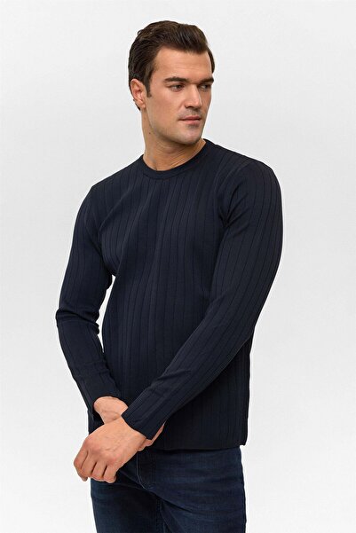 SÜVARİ Patterned O Neck Navy Blue Men's Sweater Tr2013700482