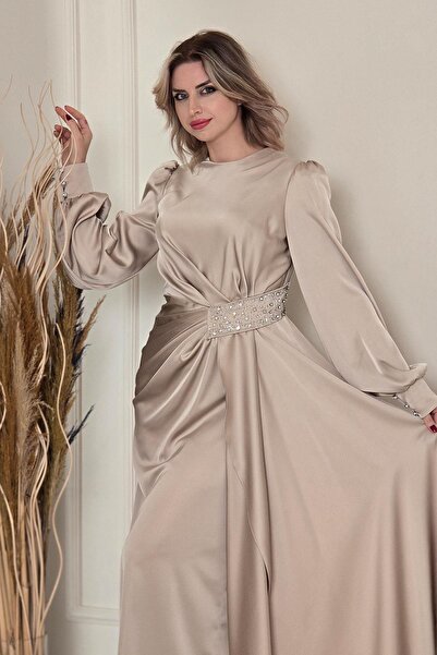Yonca Moda Evi Bej Saten Pelerinli Abiye 5332