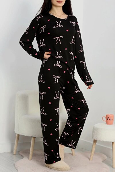 DAS KLEID Soft Milan Top and Bottom Same Pajama Set Black Ribbon