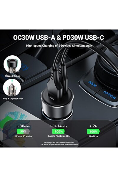 Acefast 60W Dual-Port USB-C Car Charger with Voltage Display (PD3.0/QC3.0)