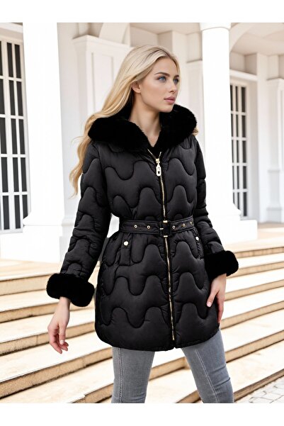 SETTY KOOP Women’s Winter Puffer Coat with Faux Fur Hood and Cuffs – Warm Belted Long Jacket geacă de femei