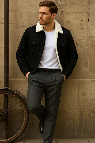 comstar Men's Winter Trend Basic Black Fur Lined Plush Coat