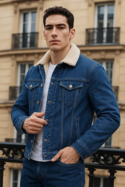 comstar Men's Winter Casual Plush Fur Inside Dark Blue Denim Jacket