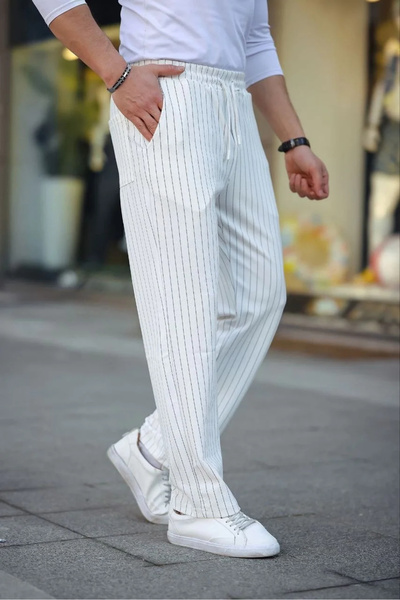 DoğruFashion Men's Striped Woven Crepe Jogger Buggy Pants Comfortable Fit - White