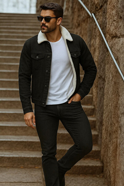 comstar Men's Winter Trend Fur Inside Plush Black Denim Jacket