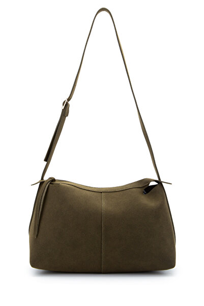 minebag Baguette Shape Suede Talia Women's Shoulder Bag Khaki with Belt Strap Detail