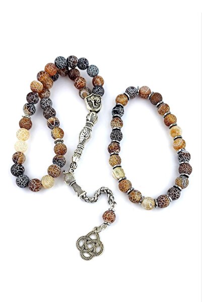 OSESHOP طقم سبحة من حجر العقيق مع تفاصيل من الهيماتيت وشراشيب من الفولاذ