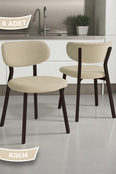 Canisa Toldy Serisi 6 Adet Krem Bukle Kumaş Mutfak Sandalyesi Kahve Metal Ayak