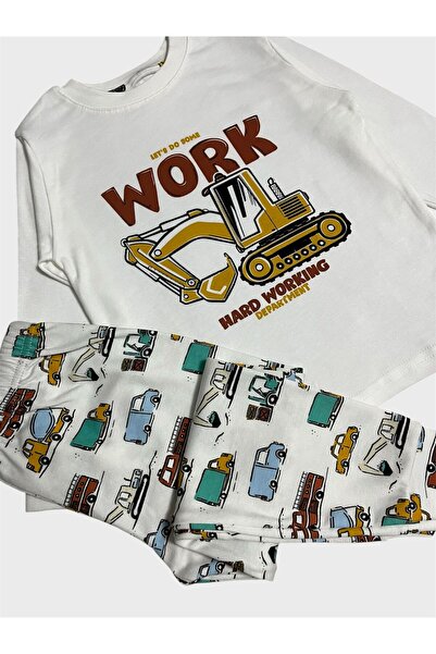 elmas kids Boys' 100% Cotton White Construction Vehicle Truck Car Pattern Long Sleeve Pajama Set