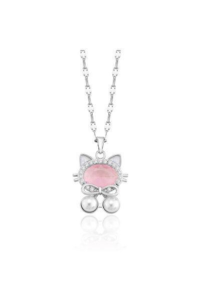 Cosmia Shine Stainless Steel Pink Stone Cat Figured Necklace