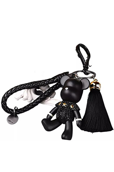 Vtk Teddy bear keychain with rhinestones for car key or bag - black