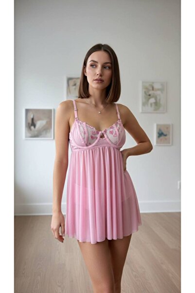 arona lingerie Kalpli Brode Dantelli Balenli Tül Gecelik Takımı - A-400