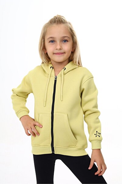 Toontoy Girl's Beige Hooded Zippered Pocket Embroidery Printed Knitted Cardig...