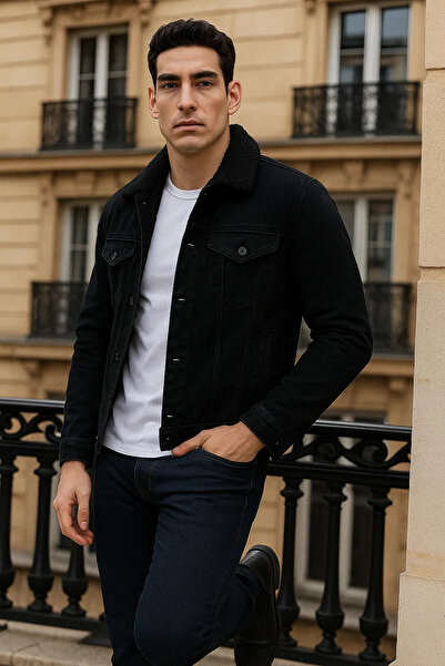 comstar Men's Winter Casual Plush Fur Inside Black Denim Jacket