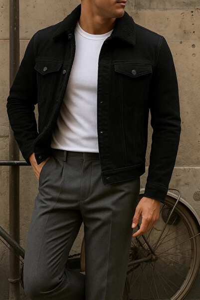 comstar Men's Winter Trend Basic Black Fur Lined Plush Coat