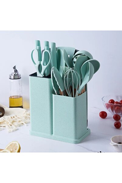 stuffix Set of 19 Silicone Cooking Utensils with Durable Bamboo Handles, Holder and Cutting Board