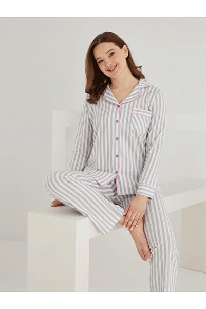 LİNOTTİ Cotton Front Buttoned Striped Shirt Model Pajama Set 021210