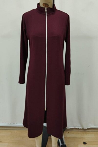 Mossta Front Zippered Long Viscose Two Thread Dress - Burgundy