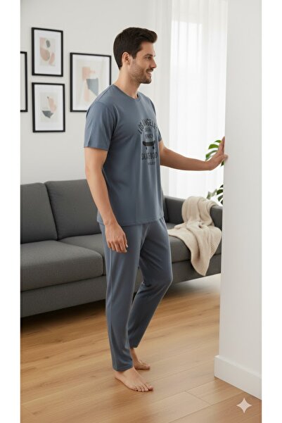 FAMES PİJAMA SET DE PIJAMĂ DE VARĂ CU MÂINI SCURTĂ ALBASTRU PENTRU BĂRBAȚI
