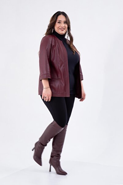 Roxxlen Γυναικείο μπουφάν μεγάλου μεγέθους χωρίς καλύμματα τσέπες από συνθετικό δέρμα μπορντό