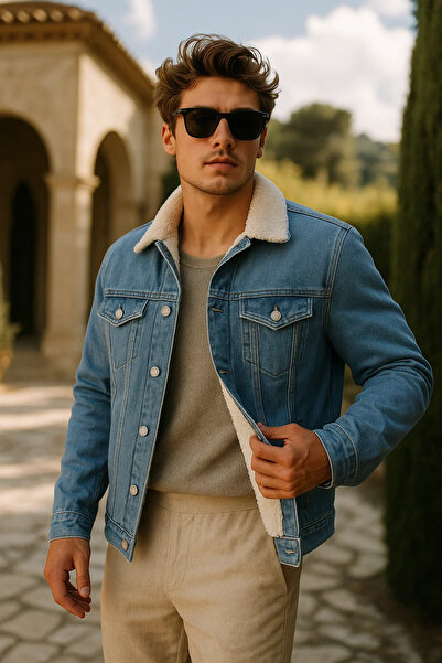 comstar Men's Winter Premium Casual Fur Lined A.Blue Denim Jacket