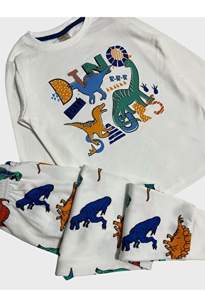 elmas kids Boy's 100% Cotton White Dinosaur Print Long Sleeve Pajamas Set