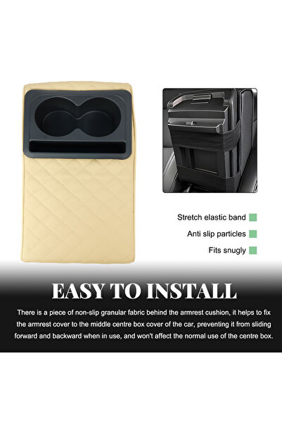 AGC Universal Car Armrest Cushion with Dual Cup Holder & Storage Slot – Beige PU Leather Cover