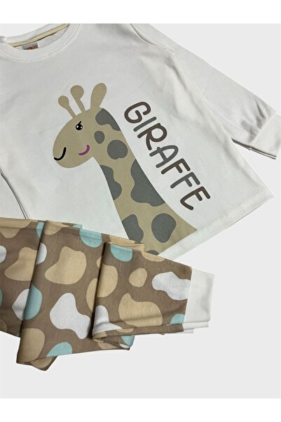 tusem butik homewear Girl's 100% Cotton Bryaz Giraffe Patterned Long Sleeve Pajama Set