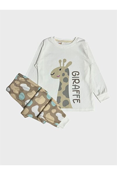 tusem butik homewear Girl's 100% Cotton Bryaz Giraffe Patterned Long Sleeve Pajama Set