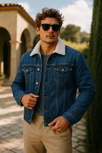 comstar Men's Winter Premium Casual Fur Lined Dark Blue Denim Jacket