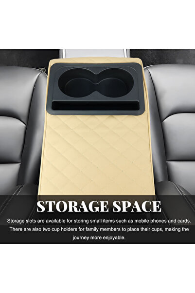 AGC Universal Car Armrest Cushion with Dual Cup Holder & Storage Slot – Beige PU Leather Cover