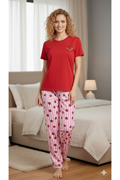 FAMES PİJAMA Women's Red Strawberry Printed Pajama Set