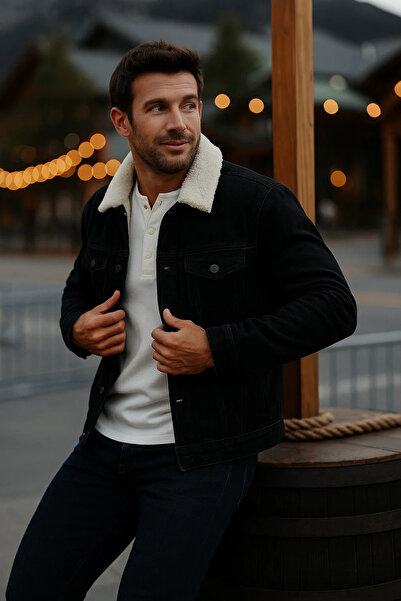 comstar Men's Winter Thick Casual Fur Lined Black Denim Jacket