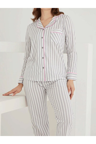 LİNOTTİ Cotton Front Buttoned Striped Shirt Model Pajama Set 021210