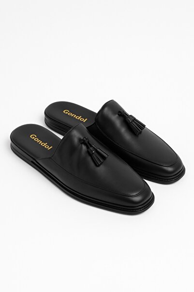 Gondol Ανδρικές παντόφλες γαμπρού με λεπτομέρεια από γνήσιο δέρμα με φούντα kayaş.135 Μαύρο