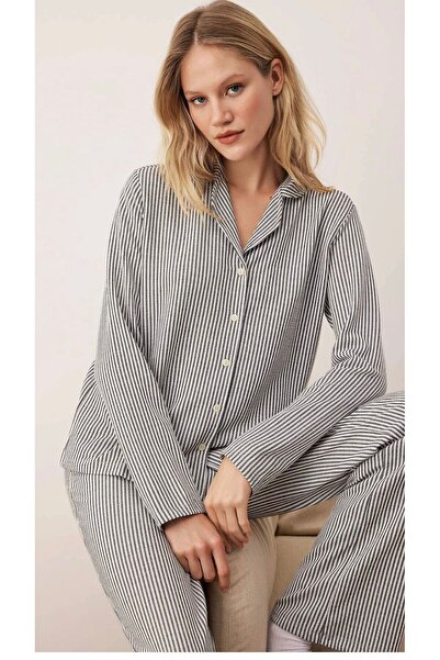 Atelier Masal Black-White Striped Corded Fabric Shirt Collar Knitted Pajama Set