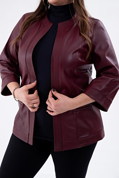 Roxxlen Γυναικείο μπουφάν μεγάλου μεγέθους χωρίς καλύμματα τσέπες από συνθετικό δέρμα μπορντό