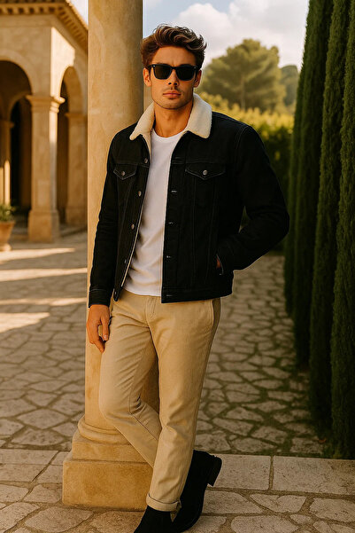 comstar Men's Winter Premium Casual Fur Lined Black Denim Jacket