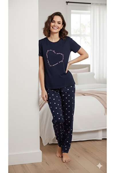 FAMES PİJAMA Women's Navy Blue Short Sleeve Summer Pajama Set