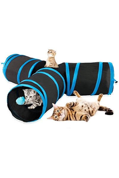 iTin Cat play tunnel, foldable, interactive, 4 exits, 80x30x25 cm, with toys included, blue