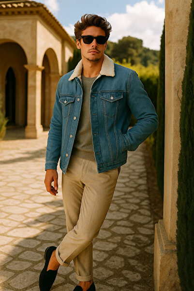 comstar Men's Winter Premium Casual Fur Lined A.Blue Denim Jacket