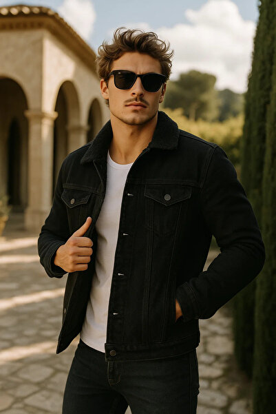 comstar Men's Winter Premium Casual Fur Lined Black Denim Jacket