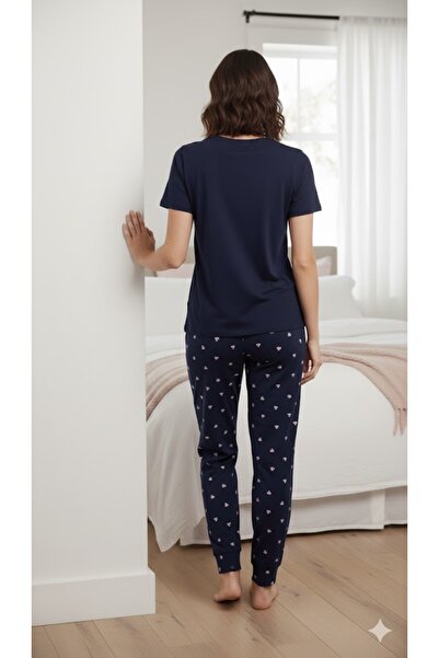 FAMES PİJAMA Women's Navy Blue Short Sleeve Summer Pajama Set