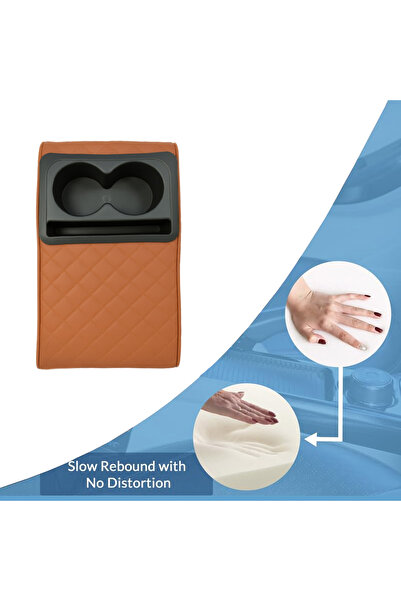 AGC Universal Car Armrest Cushion with Dual Cup Holder & Storage Slot – Brown PU Leather Cover