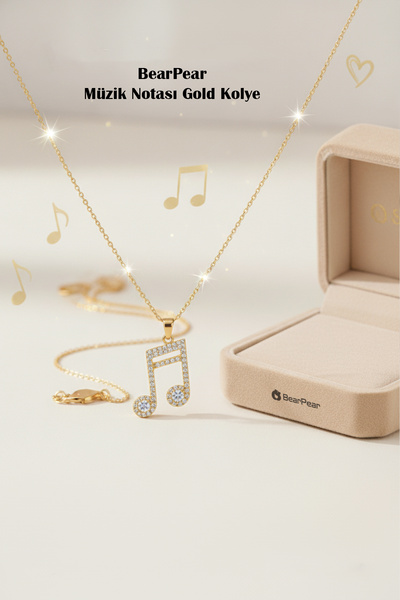 BearPear Zirkon Taşlı Müzik Nota Kadın Kolye Paslanmaz Çelik Gold Kolye