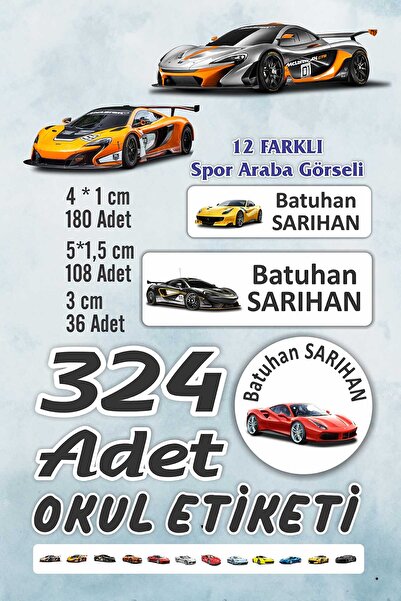 Vice isim Baskılı Defter Kalem Okul Etiketi (324 Adet Spor Araba Temalı Etiket )